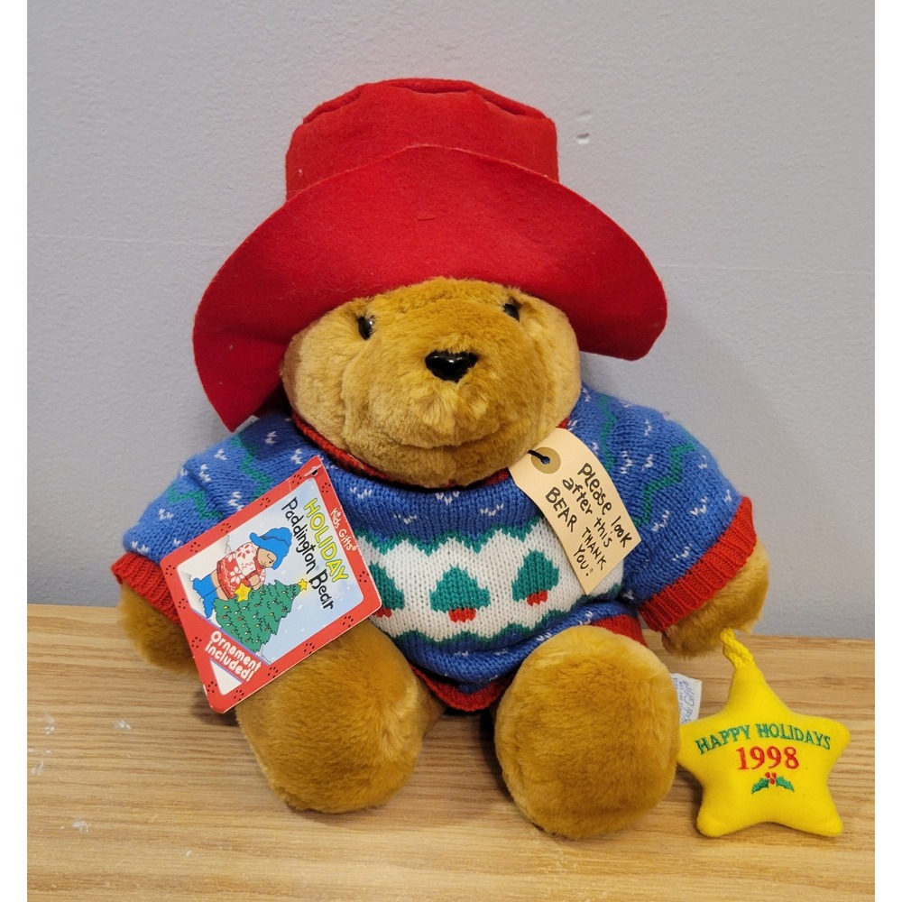 Vintage 1998 Sears Kids Gifts Paddington Bear Plush 14in Sweater Ornament Tags